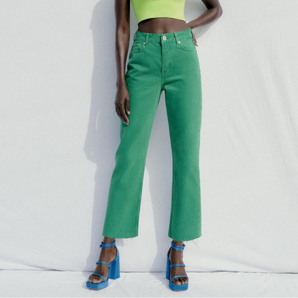 Zara Green High Rise Wide Leg Jeans